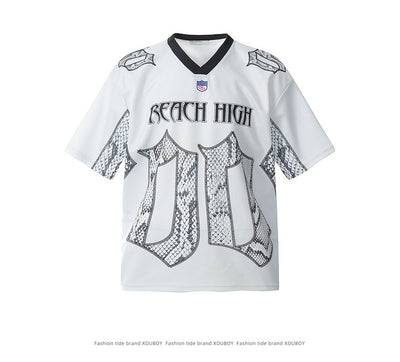 White mesh jersey t-shirt with a V-neck and short drop-shoulder sleeves, featuring a black and white snake scale design. - Image 7