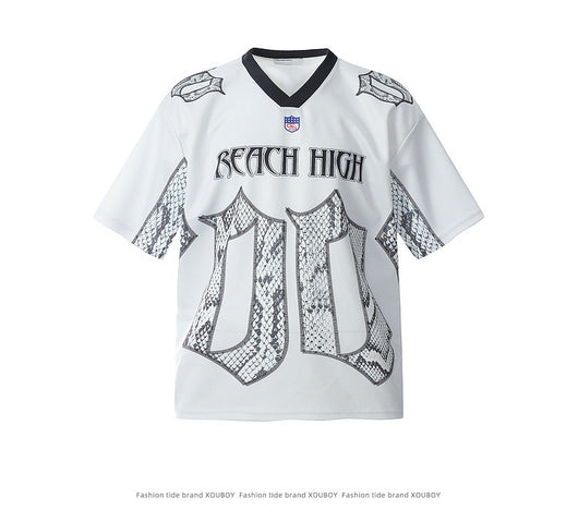 White mesh jersey t-shirt with a V-neck and short drop-shoulder sleeves, featuring a black and white snake scale design. - Image 7