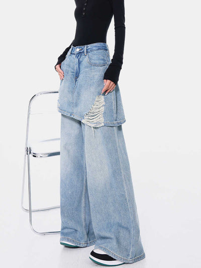 Pantalones Rectos Azul Vintage Efecto Desgastado Doble Tela para Mujer - Image 4