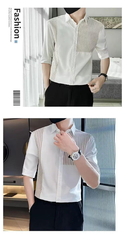 Camisa Casual Slim Fit con Parches y Rayas para Hombre - Image 8