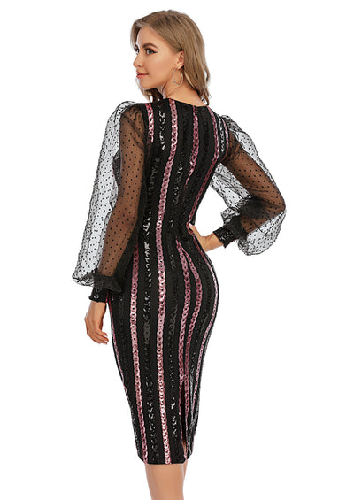 Vestido Retro de Malla y Lentejuelas con Mangas Largas para Mujer - Image 3