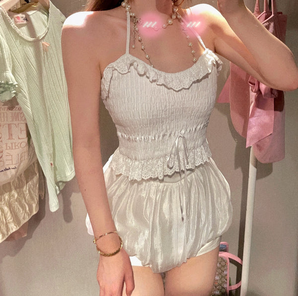 Blusa Halter de Encaje Blanca Ajustada para Verano y Otoño