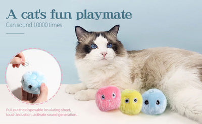 Three plush interactive cat toy balls in blue, yellow, and pink, each with cartoon eyes, shown with a size measurement. - Image 18