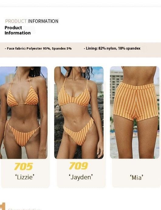 Orange and light orange striped bikini bottom with a ribbed texture and elastic waistband, ideal for beach vacations. - Image 12