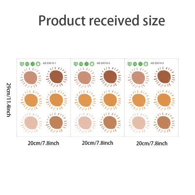 Three sheets of cartoon sun wall stickers, each with six sun designs in shades of brown and orange, showing dimensions. - Image 3