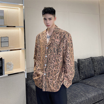 Camisa Elegante Cuello Solapa con Encaje y Estampado Leopardo para Hombre - Image 7
