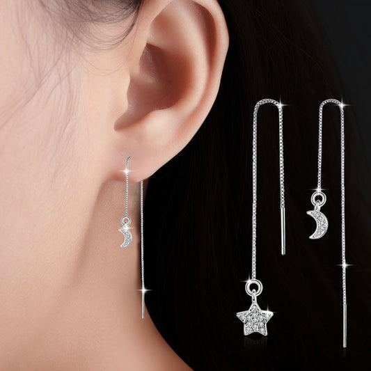 Aretes Coreanos Asimétricos de Estrella y Luna con Diamantes y Borla