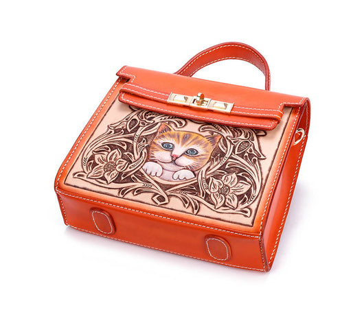 Bolso de Mano para Gatos en Cuero Genuino Grabado Artesanal - Image 5