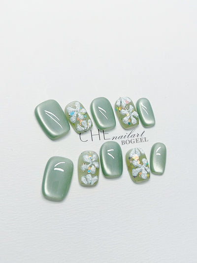Uñas Postizas con Diseño Floral 3D - Efecto Ojo de Gato Verde - Image 10