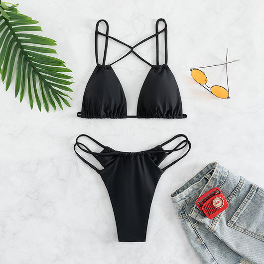 Red bean paste women's bikini swimwear with a triangle top and high-cut double-strap bottoms, laid flat. - Image 11