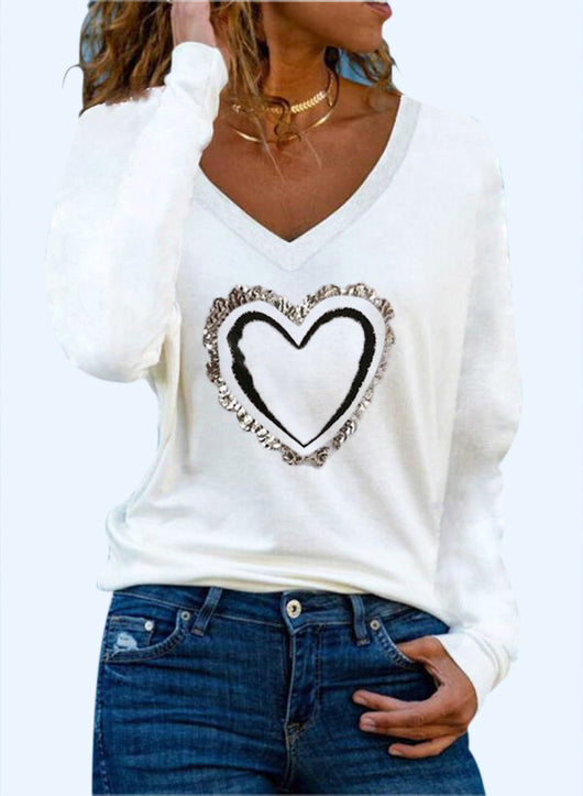 Blusa Básica Mujer con Estampado de Corazones, Cuello V y Mangas Largas - Image 5