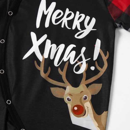 Black and red long-sleeve Christmas top with reindeer and "Merry Xmas!" text, paired with red, black, and white plaid pants. - Image 11