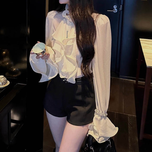 Blusa Elegante de Gasa Premium con Strass y Volantes