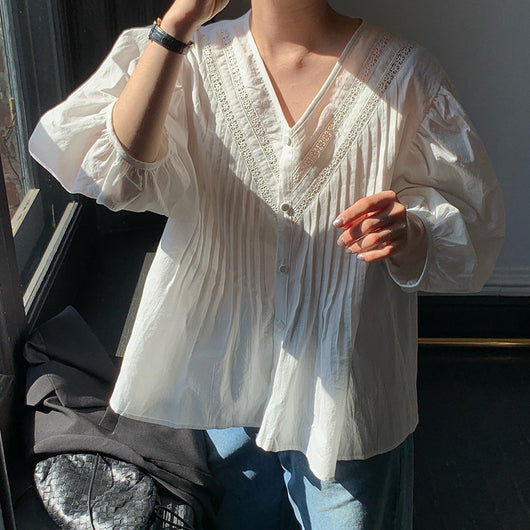 Blusa de Algodón para Mujer con Cuello en V y Mangas Abullonadas - Image 8