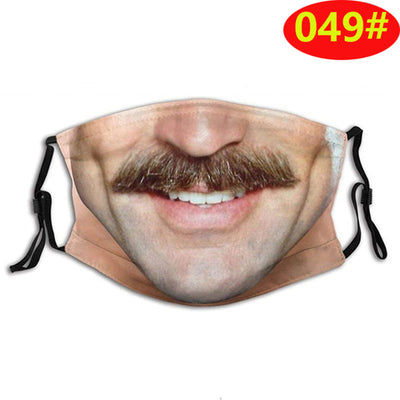 Novelty face mask with a realistic print of a smiling man's lower face and a prominent brown mustache. - Image 5