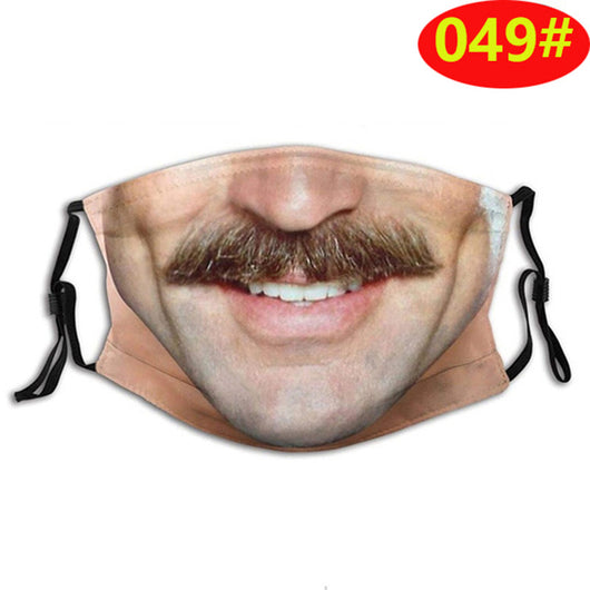 Novelty face mask with a realistic print of a smiling man's lower face and a prominent brown mustache. - Image 5