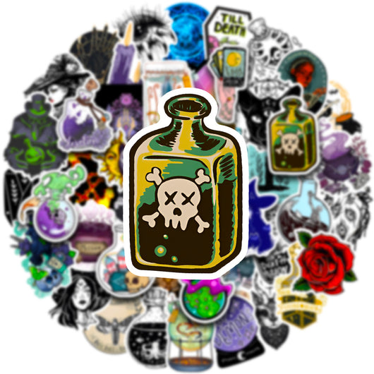50 waterproof PVC stickers featuring occult, witchy, and mystical designs, including a prominent sun and moon face. - Image 13