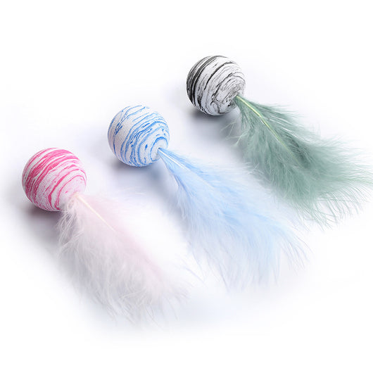 Light blue feather cat toy with a black and white marbled foam ball base on a white background.
