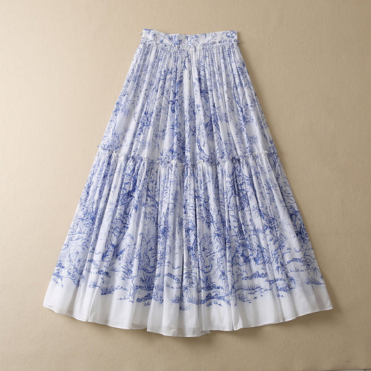 Falda Plisada Floral Azul en Algodón Ligero con Pájaros - Image 2