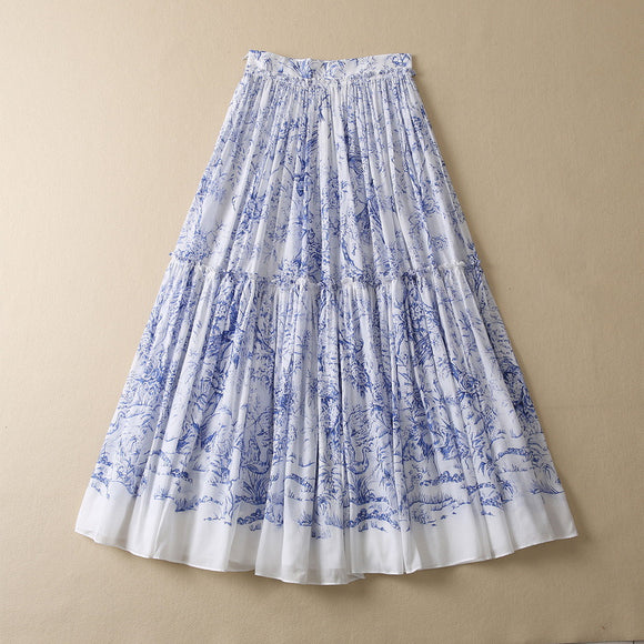 Falda Plisada Floral Azul en Algodón Ligero con Pájaros