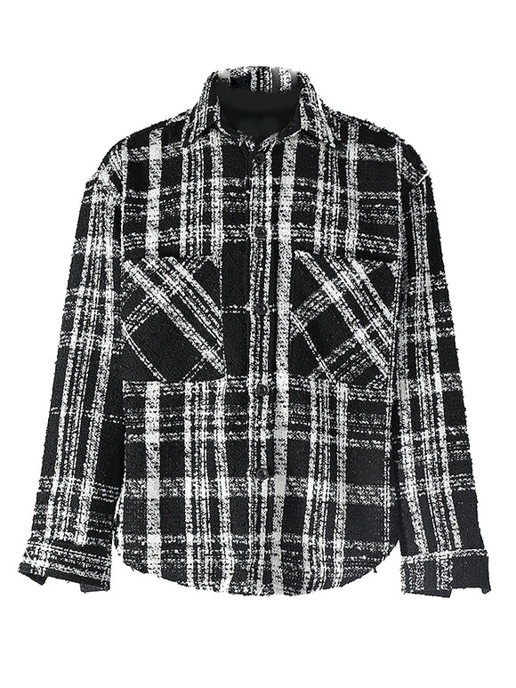 Unisex Black and White Plaid Wool Shirt Jacket