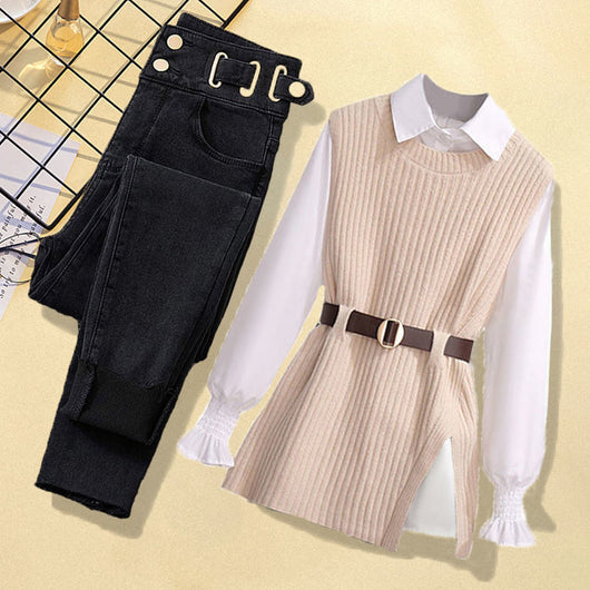 Conjunto de 3 Piezas: Chaleco Tejido, Camisa y Jeans para Mujer - Image 4
