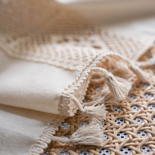 Beige crochet and plaid stitching short curtain with tassels, made from polyester cotton, hanging in a cozy room. - Image 28