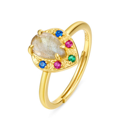 Anillo de Plata Esterlina Chapada en Oro 9K con Labradorita Natural y Circonia - Image 11
