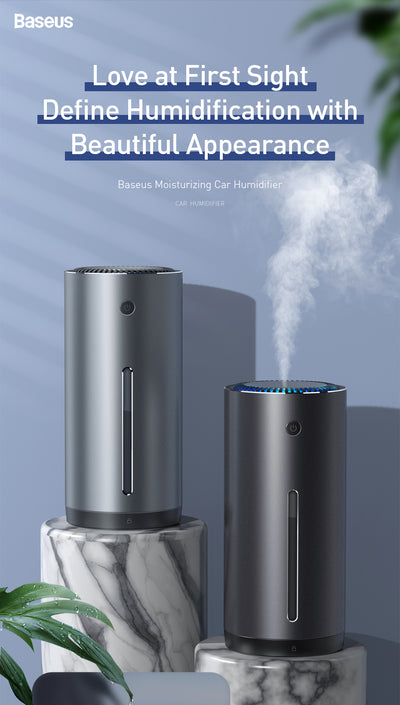 Dark gray cylindrical vehicle-mounted humidifier with a power button, mist outlet, and water level indicator. - Image 14