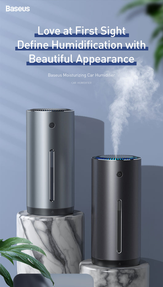 Dark gray cylindrical vehicle-mounted humidifier with a power button, mist outlet, and water level indicator. - Image 14