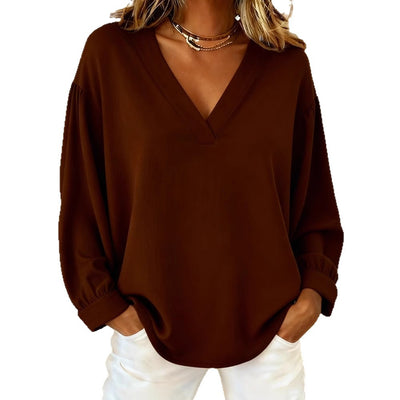 Blusa Casual de Cuello V y Manga Larga en Colores Sólidos - Image 5