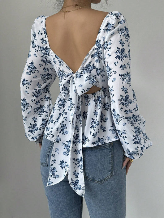 Blusa Floral de Invierno con Cuello Cuadrado y Mangas Abullonadas - Image 9