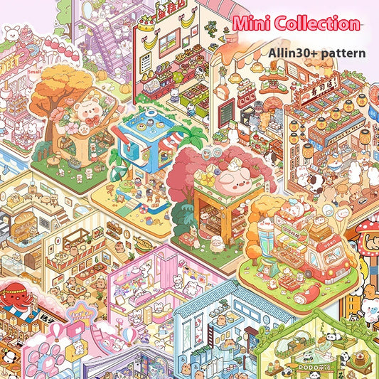Diy Notebook Decompression Stacking Miniature Sticker set featuring a cute cartoon hot pot shop scene with animal characters.