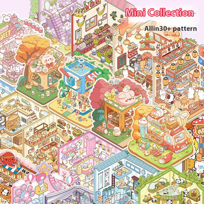 Diy Notebook Decompression Stacking Miniature Sticker set featuring a cute cartoon hot pot shop scene with animal characters.