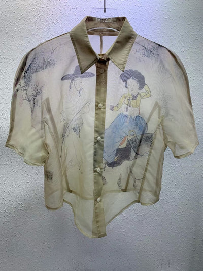 Conjunto Artesanal Dos Piezas: Blusa Chifón Pintada a Mano con Falda Suspender Cintura Alta - Image 7
