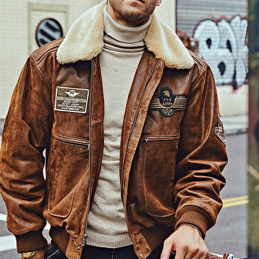 Chaqueta de Cuero con Cuello de Piel para Hombre