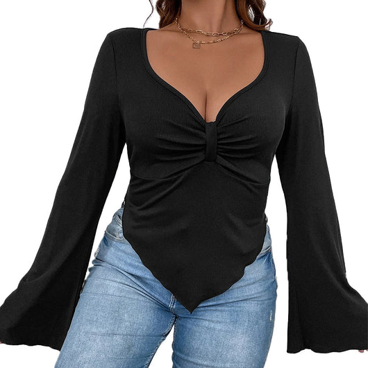 Blusa de Punto Ajustada con Dobladillo Irregular y Mangas Acampanadas - Image 4
