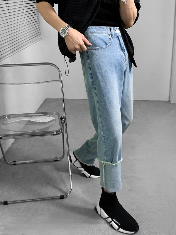 Pantalón Vaquero Azul Marino con Orilla Enrollada Bicolor