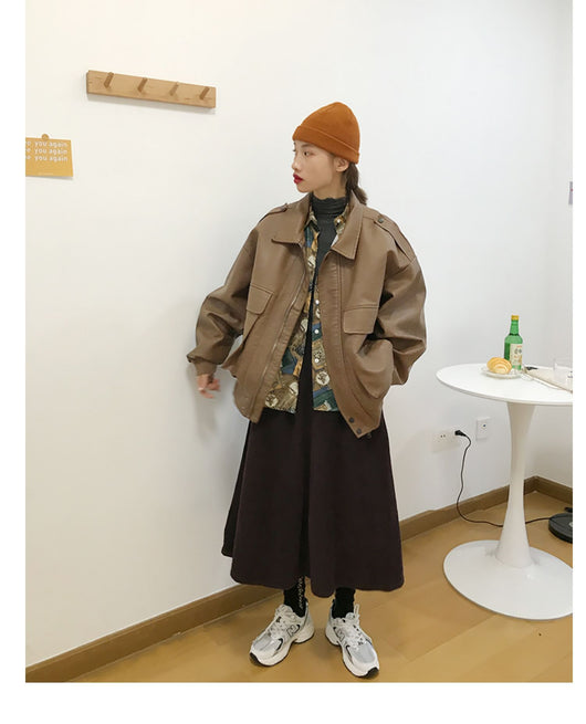 Chaqueta de Cuero Retro Estilo Hong Kong Suelta para Mujer - Image 14