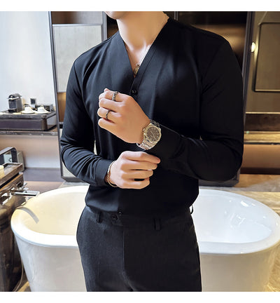 Camisa de Cuello V Manga Larga con Textura Waffle para Hombre - Image 36
