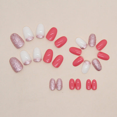 Uñas Postizas Ovaladas Estilo Europeo Rosa y Blanco - Diseño Fresco para Verano - Image 4