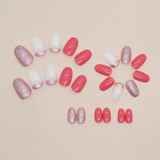 Uñas Postizas Ovaladas Estilo Europeo Rosa y Blanco - Diseño Fresco para Verano - Image 4