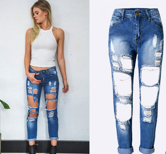 Pantalones Skinny Rotos de Cintura Alta para Mujer