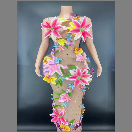Vestido sin Mangas con Falda Floral y Cristales para Escenario - Image 5