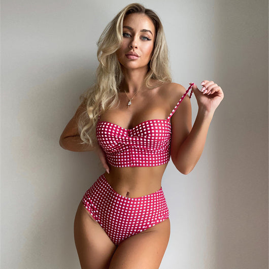 Bikini de Cintura Alta Estampado Cuadros con Abertura Sexy - Image 2
