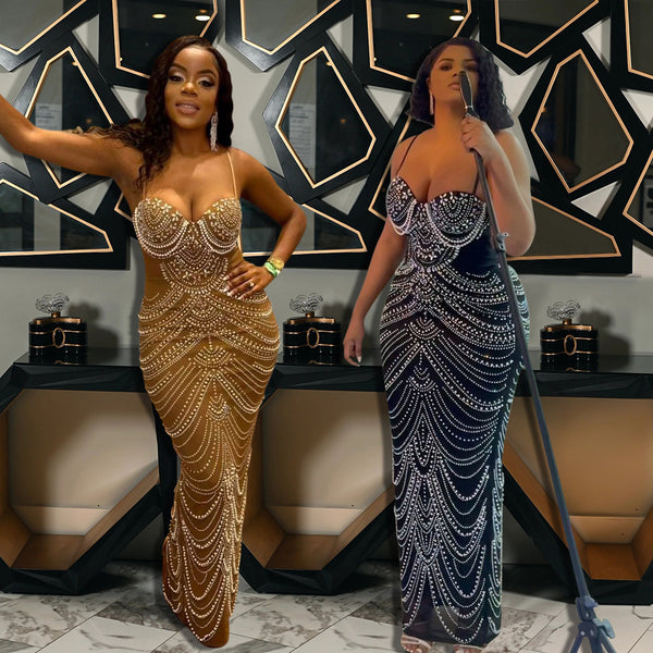 Vestido de Noche con Cuentas de Espuma y Tirantes Brillantes