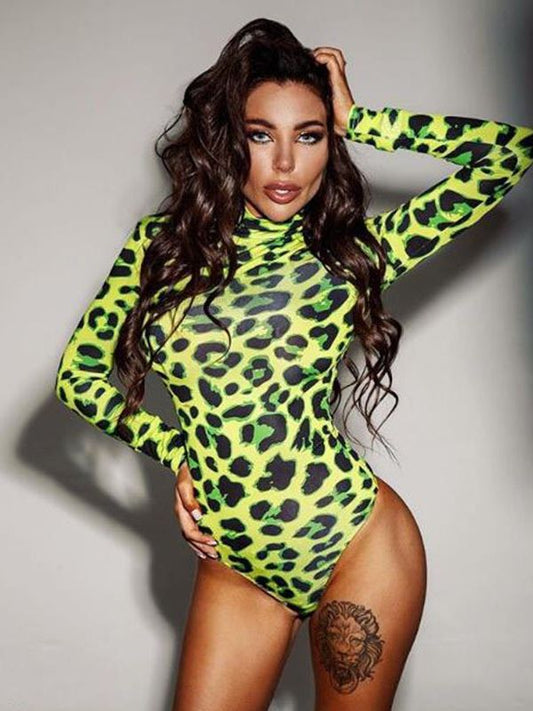Jumpsuit Slim Fit Cuello Alto Leopardo Verde - Manga Larga Elegante - Image 2