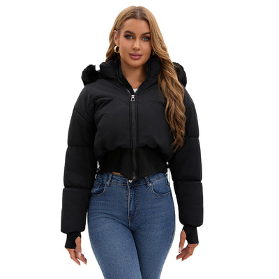 Chaqueta de Algodón Corta con Capucha y Cuello de Pelaje para Mujer - Image 6