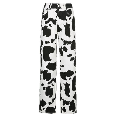 Pantalones Rectos con Patrón de Vaca en Contraste Blanco y Negro - Image 14