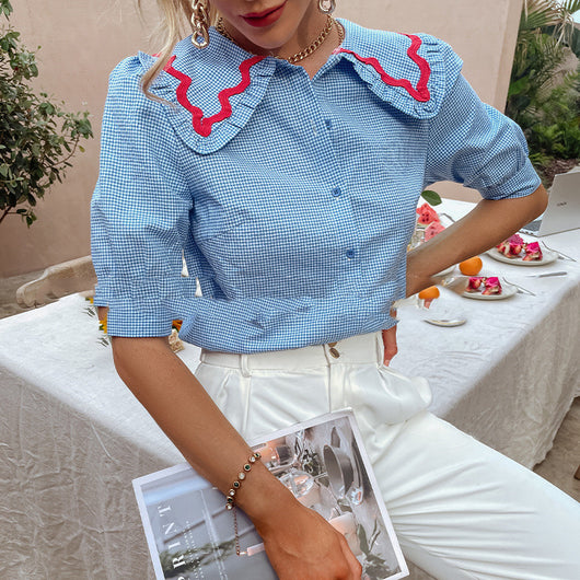 Blusa de Cuadros Contrastantes con Cuello Dulce y Manga Elegante - Image 6